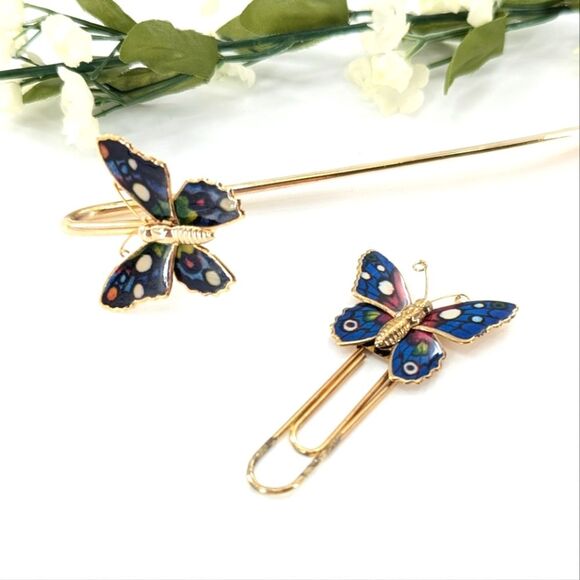 Butterfly Gold Tone Blue Office Bookmark Paper Clip Set - Picture 1 of 3